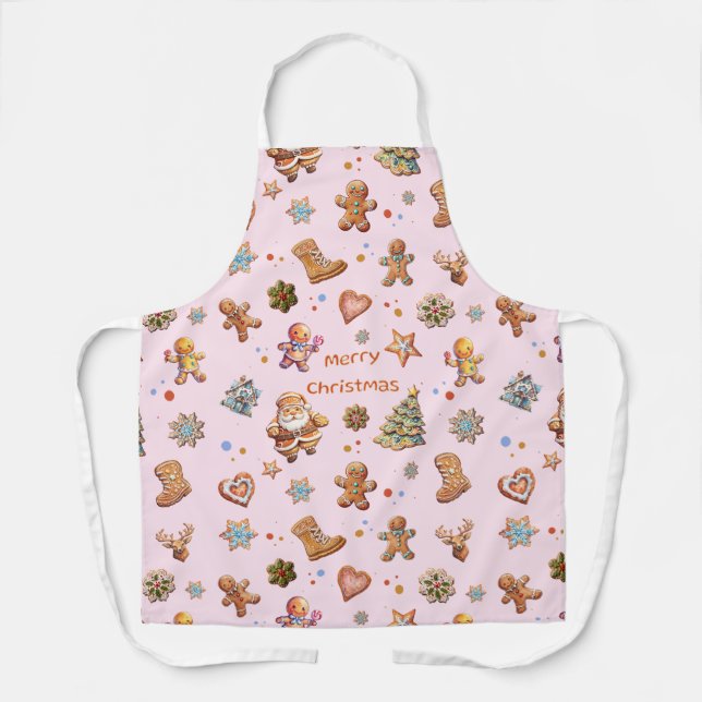 Merry Christmas Fun Cute Gingerbread Pink Apron (Front)