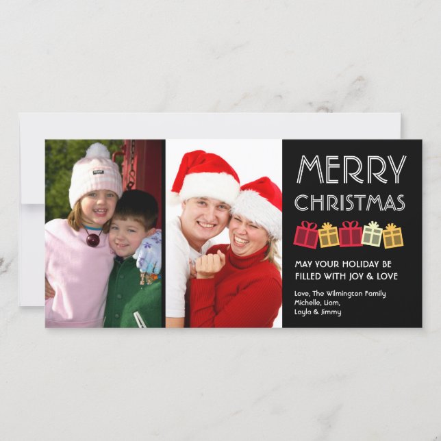 Merry Christmas fun dancing gift boxes black Holiday Card (Front)