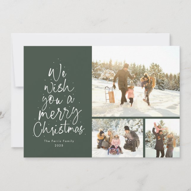 Merry Christmas fun green three photo family Holiday Card (Front)
