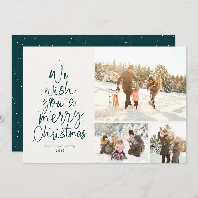 Merry Christmas fun green three photo family Holiday Card (Front/Back)