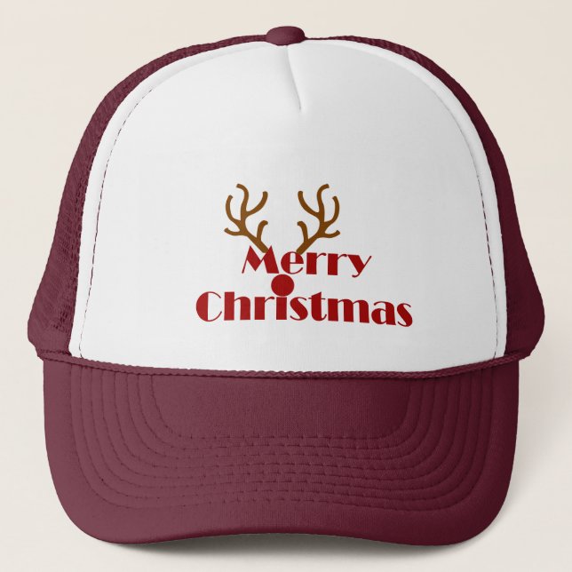 Merry Christmas Fun Holiday Greeting with Reindeer Trucker Hat (Front)