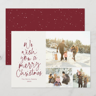 Merry Christmas fun red three photo family Holiday Card