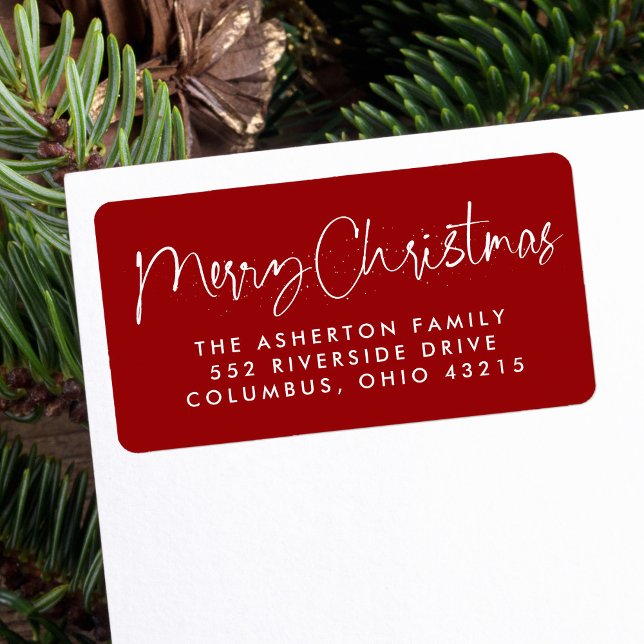 Merry Christmas fun script dark red return address Label (Creator Uploaded)