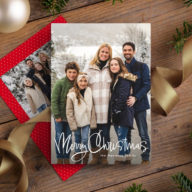 Merry Christmas fun script simple red two photo Holiday Card (Creator Uploaded)