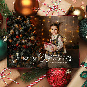 Merry Christmas fun script three photo red Holiday Card
