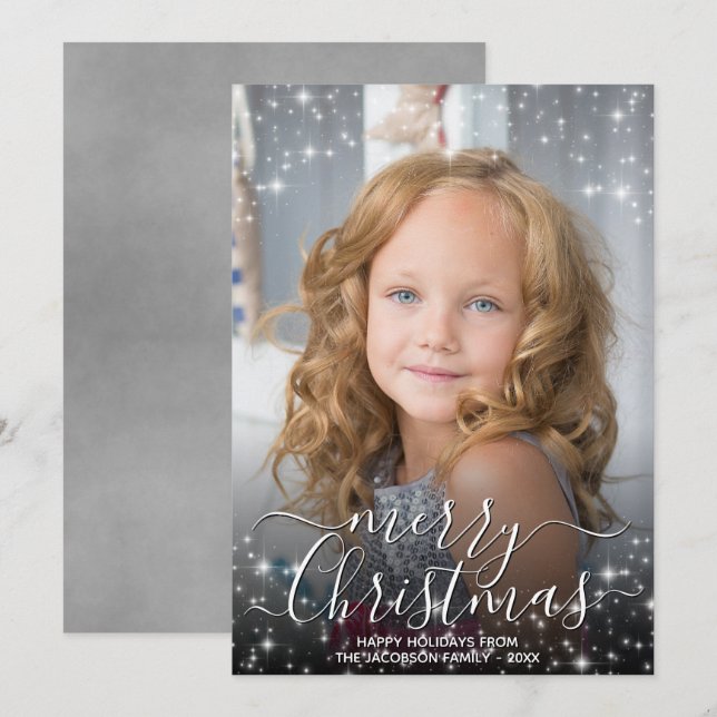Merry Christmas Fun Sparkles Photo Overlay Grey Holiday Card (Front/Back)