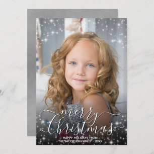 Merry Christmas Fun Sparkles Photo Overlay Grey Holiday Card