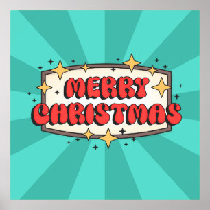 Merry christmas funky text, groovy retro cartoon poster