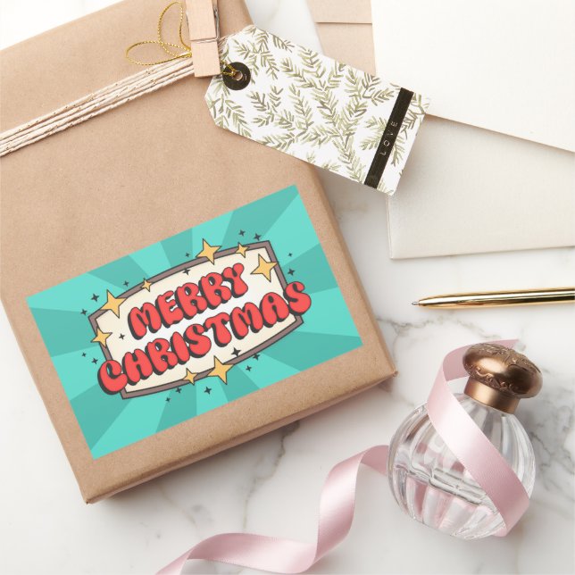 Merry christmas funky text, groovy retro cartoon  rectangular sticker (Gifting)