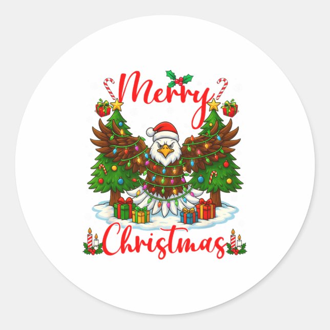Merry Christmas Funny Bald Eagle Lover Xmas Lights Classic Round Sticker (Front)
