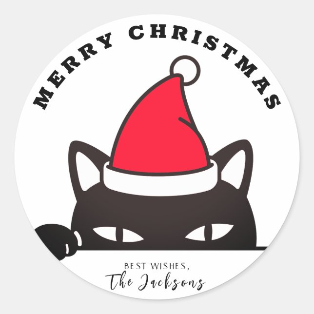 Merry Christmas Funny Black Cat Peeking  Classic Round Sticker (Front)
