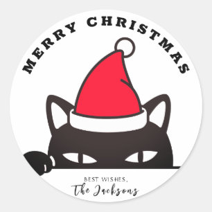 Merry Christmas Funny Black Cat Peeking Classic Round Sticker