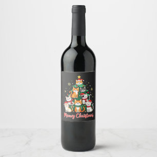 Merry Christmas Funny Catmas Kitten Xmas Tree Wine Label