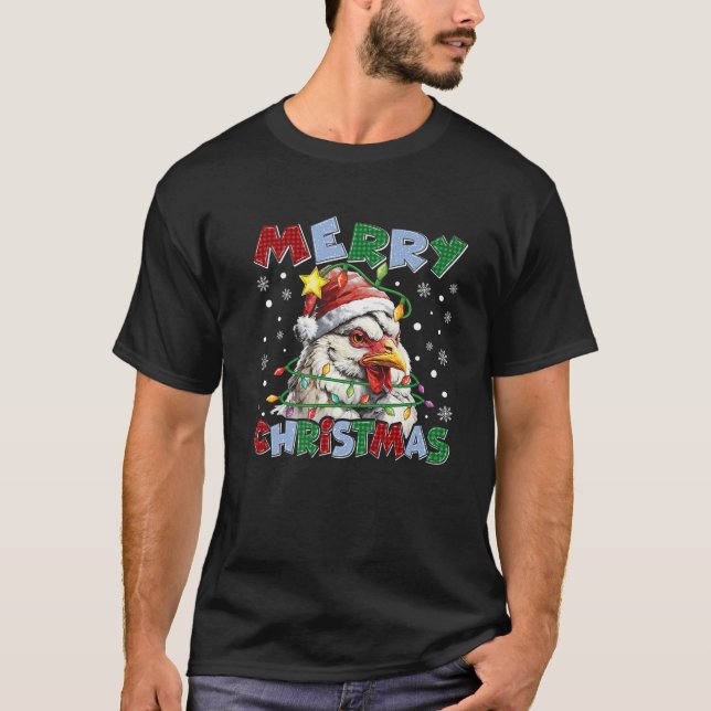 Merry Christmas Funny Chicken Santa Hat Xmas Light T-Shirt (Front)