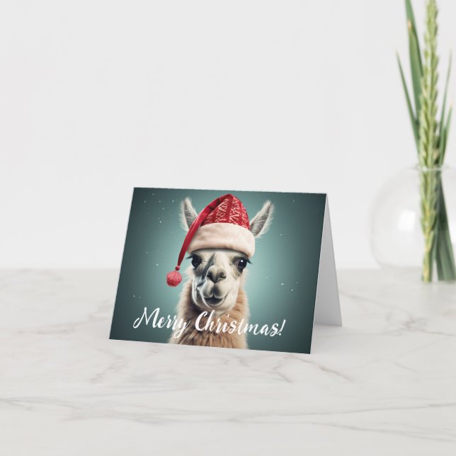 Merry Christmas Funny Cute Lllama Alpaca Santa Hat Holiday Card (Front)