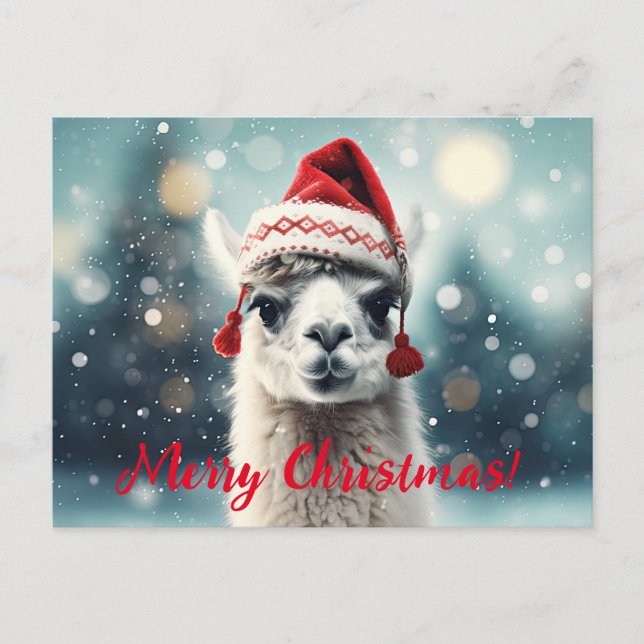 Merry Christmas Funny Cute Lllama Alpaca Santa Hat Holiday Postcard (Front)