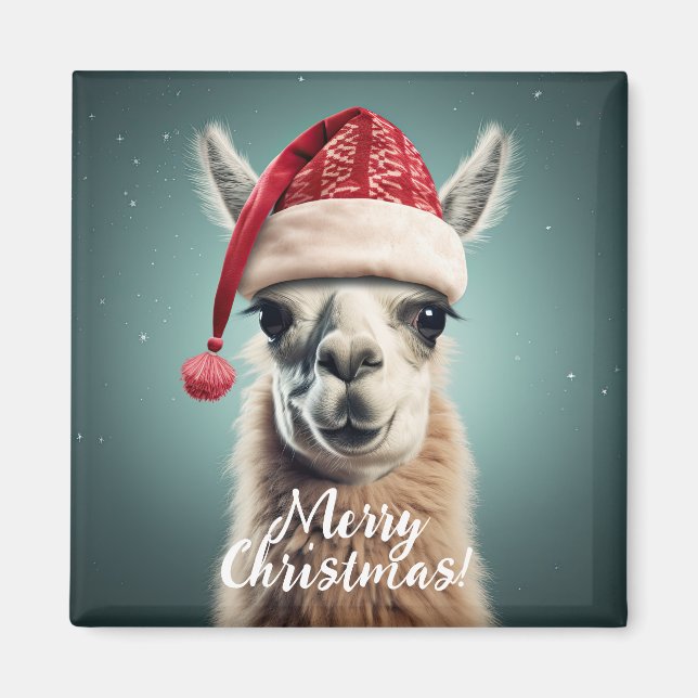 Merry Christmas Funny Cute Lllama Alpaca Santa Hat Magnet (Front)