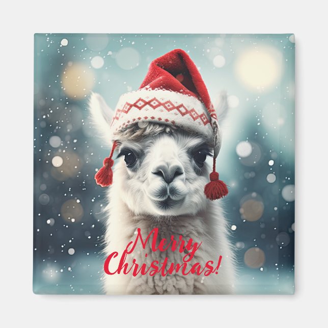 Merry Christmas Funny Cute Lllama Alpaca Santa Hat Magnet (Front)