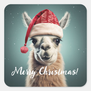 Merry Christmas Funny Cute Lllama Alpaca Santa Hat Square Sticker