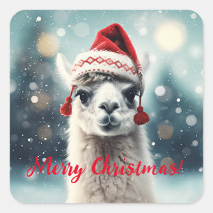 Merry Christmas Funny Cute Lllama Alpaca Santa Hat Square Sticker