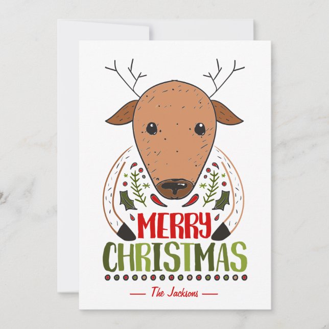 Merry Christmas Funny Deer Custom Name Wishes Holiday Card (Front)