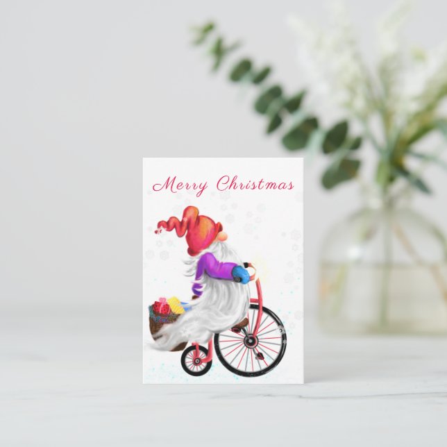 Merry Christmas - Funny Gnome with Bike and Gifts  Card (Standing Front)