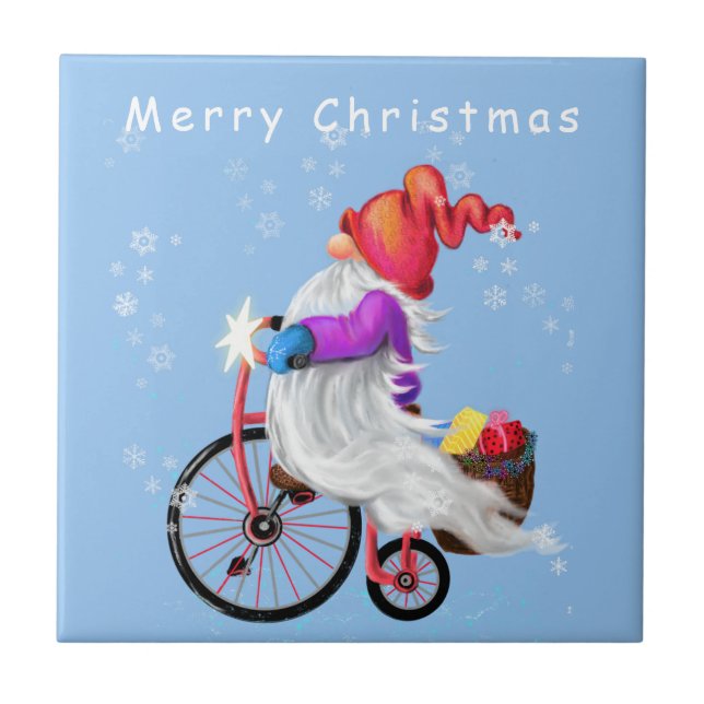 Merry Christmas - Funny Gnome with Bike and Gifts  Tile (Front)