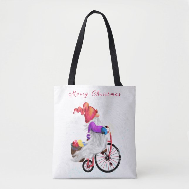 Merry Christmas - Funny Gnome with Bike and Gifts  Tote Bag (Front)