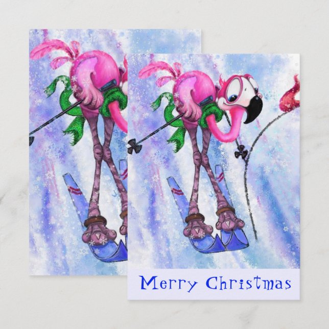 Merry Christmas - Funny Pink Flamingo Skier - Fun (Front/Back)