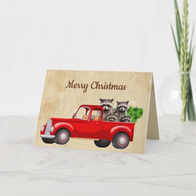 Merry Christmas Funny Racoon Truck Animals Card (Front)