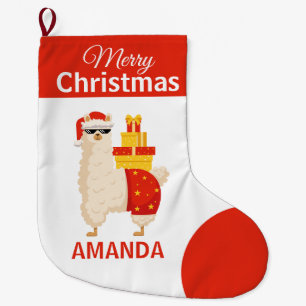 Merry Christmas Funny Red Santa Llama Winter Fun Large Christmas Stocking