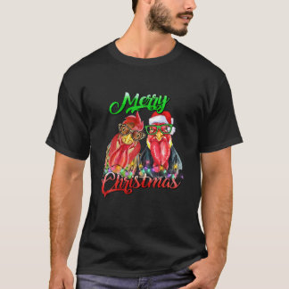 Merry Christmas Funny Roosters Farming Chicken Lig T-Shirt