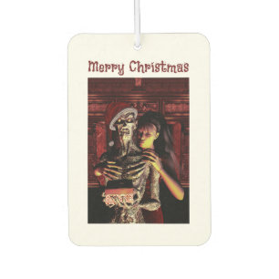 Merry Christmas. Funny skeleton with woman Car Air Freshener