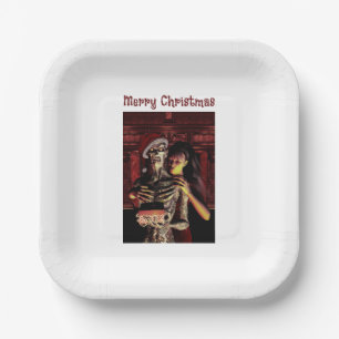 Merry Christmas. Funny skeleton with woman Paper Plate