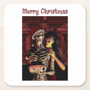 Merry Christmas. Funny skeleton with woman Square Paper Coaster