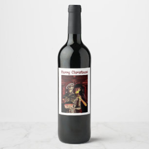 Merry Christmas. Funny skeleton with woman Wine Label