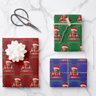 Merry Christmas Funny Trump Santa Hat Ugly Xmas Wrapping Paper Sheet