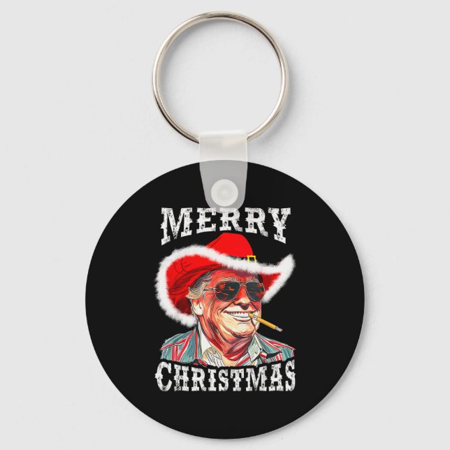 Merry Christmas Funny Trump Western Cowboy Matchin Key Ring (Front)