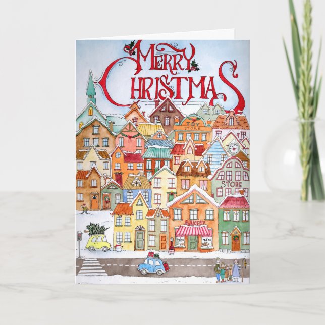 Merry Christmas Funny Whimsical Cute Winter Town Holiday Card (Front)