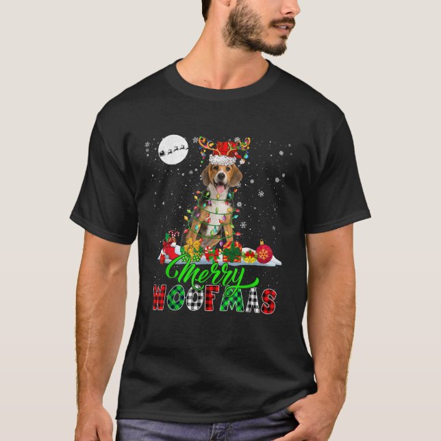 Merry Christmas Funny Woof Xmas Lights Santa Reind T-Shirt (Front)
