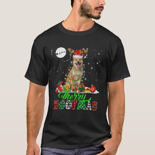 Merry Christmas Funny Woof Xmas Santa Reindeer Shi T-Shirt (Front)