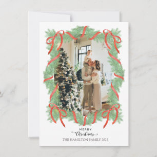 Merry Christmas Garland Frame Bow Photo Holiday Card