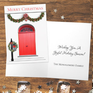 Merry Christmas Garland Mailbox Wreath Red Doors Holiday Card