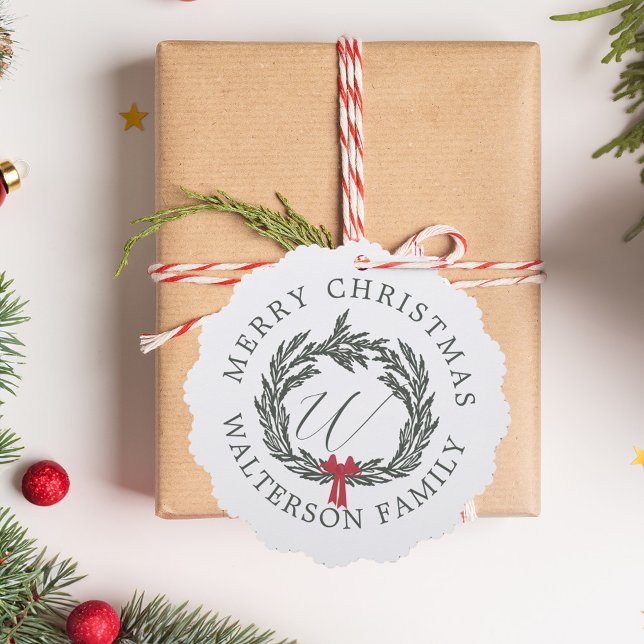 Merry Christmas Garland Wreath Monogram & Photo Tree Decoration Card (Merry Christmas Garland Wreath Monogram & Photo Ornament Card)