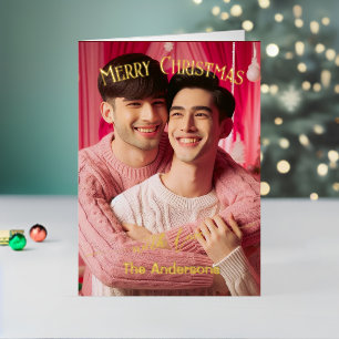 Merry Christmas Gay Retro Pink   Custom Photo  Foil Holiday Card