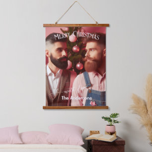 Merry Christmas Gay Retro Pink   Custom Photo  Hanging Tapestry