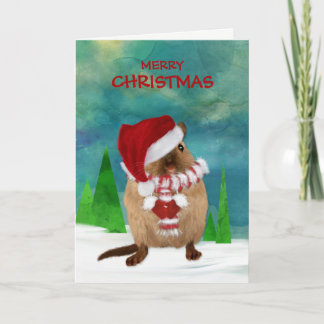 Merry Christmas Gerbil Santa Hat in Winter Scene Holiday Card