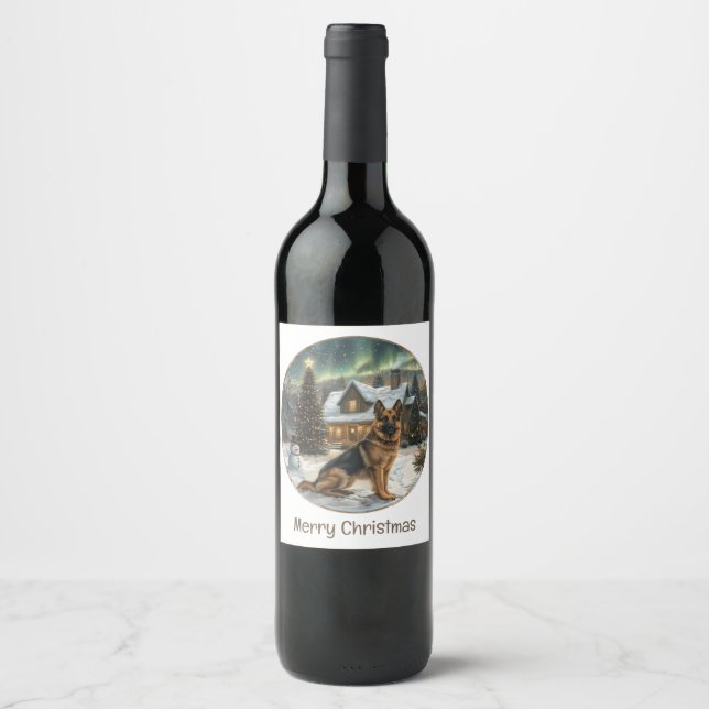 Merry Christmas German Shepherd Dog Wine Label (Front)