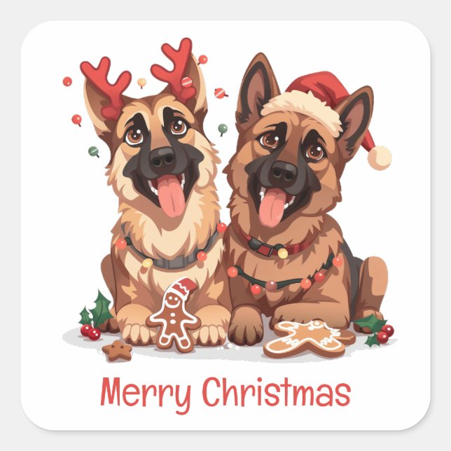 Merry Christmas German Shepherd Dogs Square Sticker (Front)