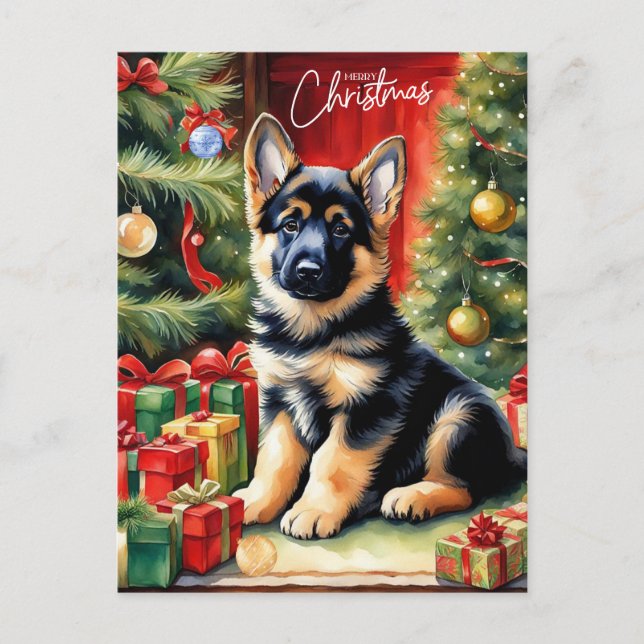 Merry Christmas German Shepherd Puppy Holiday Postcard (Front)